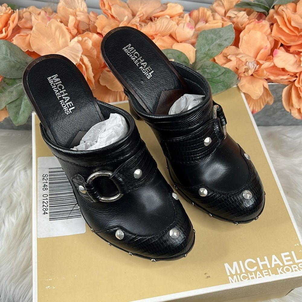 NIB MICHAEL KORS Black Leather Heel Clogs Size 8